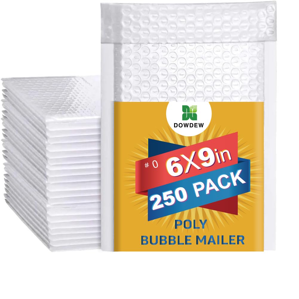 Water Resistant Bubble Envelope Mailers [250 Pack] 6 Inch X 9 Inch #0 White Poly Padded Shipping Envelopes Self Sealing Cushione