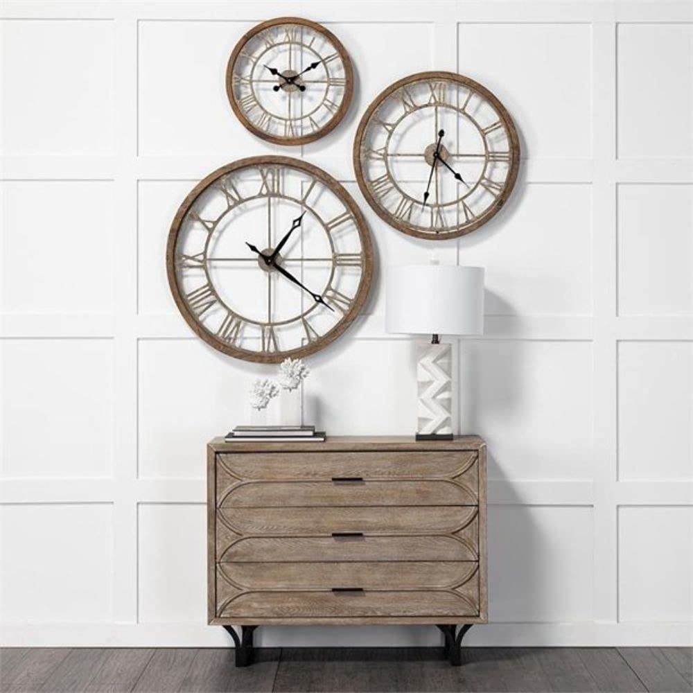 HomeRoots Wood 31.5' Round Oversize Brown Farmhouse Style Wall Clock w/Matte-Black Toned Hands