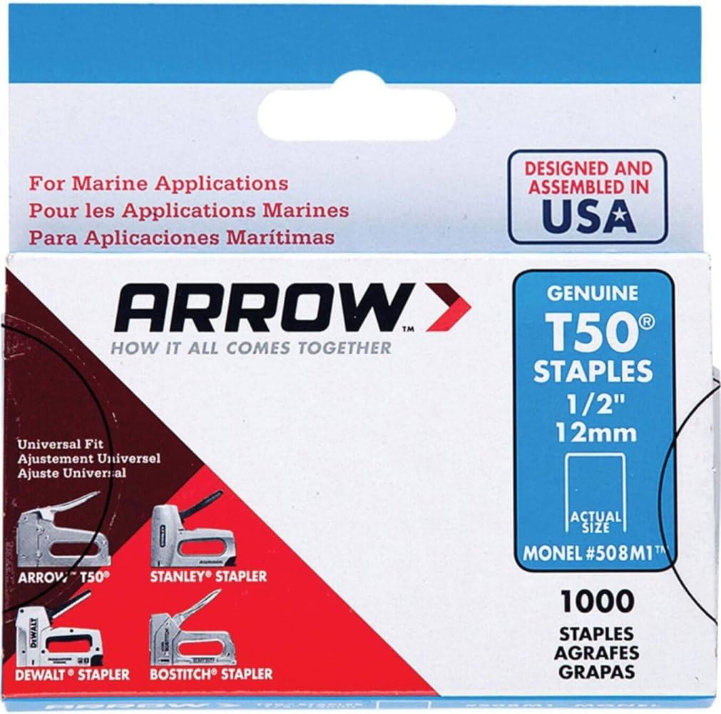 Arrow 508M1 Heavy Duty T50 Monel Staples For Marine Applications, 1/2-Inch Leg Length, 3/8-Inch Crown Size, 1000-Pack, Made In T