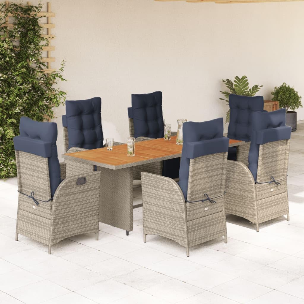 vidaXL 7-Piece Patio Dining Set - Gray Poly Rattan & Acacia Wood Table, Reclining Chairs with Navy Cushions, Weather-Resistant