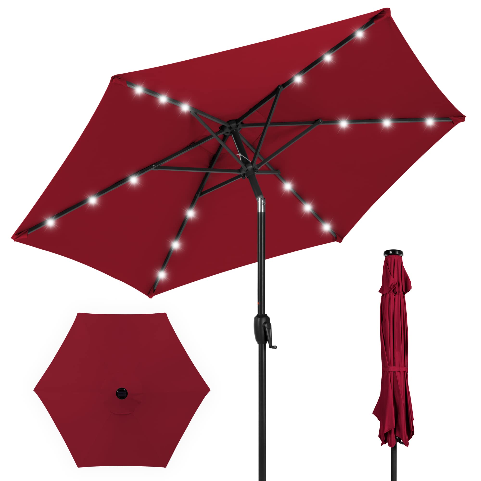 Best Choice Products 7.5ft Outdoor Solar Market Table Patio Umbrella for Deck, Pool w/Tilt, Crank, LED Lights - Burgundy