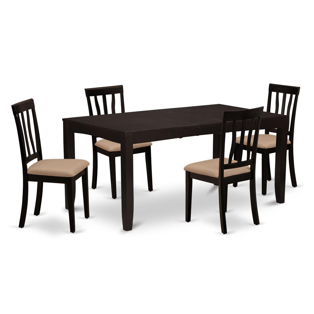 East West Furniture LYAN5-CAP-C Lynfield 5 Piece Modern Set Includes a Rectangle Wooden Table with Butterfly Leaf and 4 Linen Fabric Dining Room Chairs, 36x66 Inch, Cappuccino