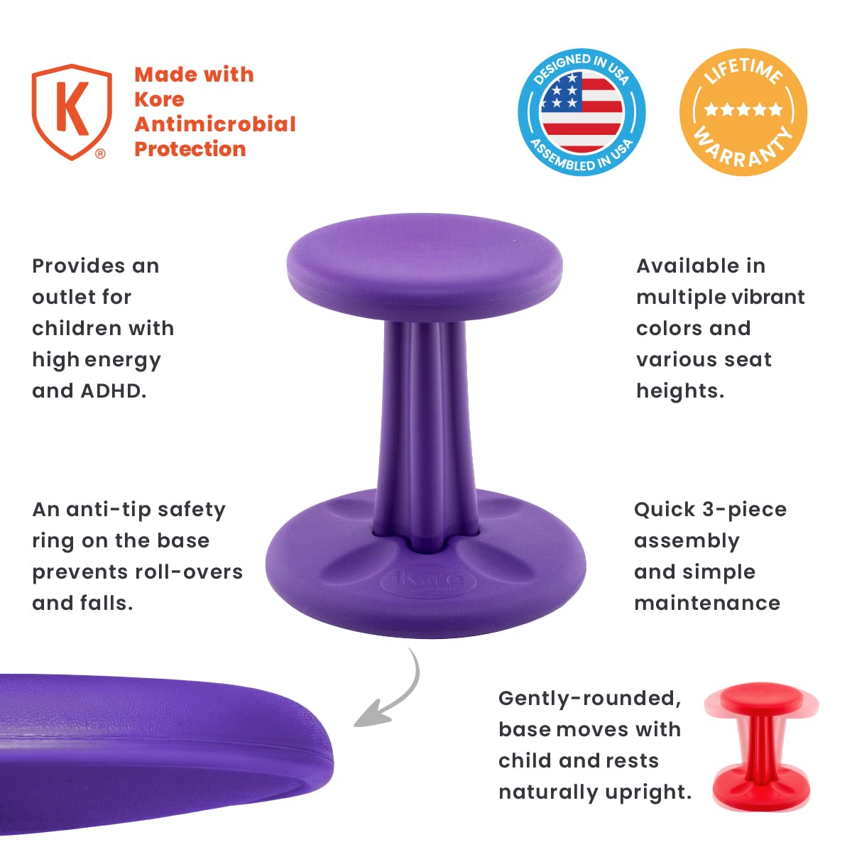 KORE Design Wobble Stool Chair, Girls + Boys Kid Desk Stools, Ergonomic Small Office Chairs, Flexible Seating for Active Kids, ADD/ADHD, Classroom, School, Home, Preschool (12in), Age 4-5 yrs, Purple