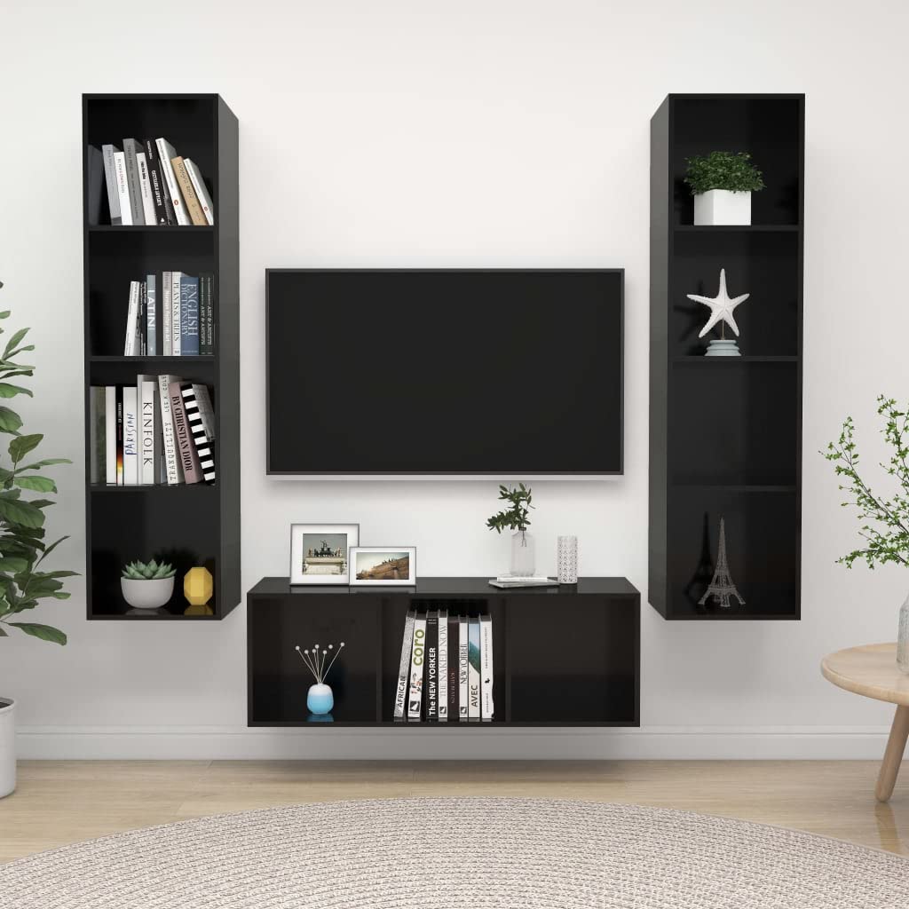 vidaXL High Gloss Black Engineered Wood 3 Piece TV Stand Set - Wall-Mounted, Easy-to-Clean, Spacious Storage Capabilities, Modern Home Decor