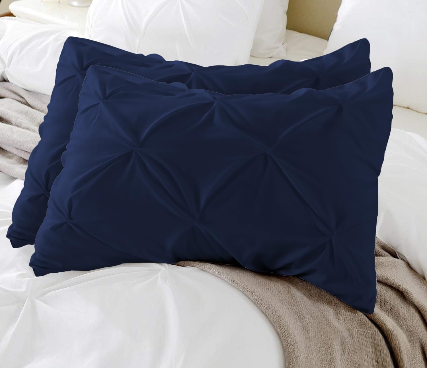 Standard Pillow Shams Set Of 2 Pinch Pleated Navy Blue Pillow Shams Standard Size 20X26 Pillow Covers 100% Egyptian Cotton 600 T