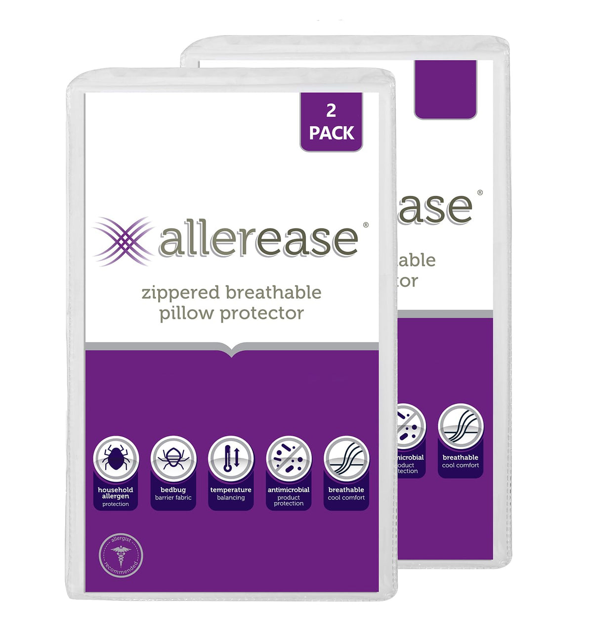 Set Of 2 King Allerease Pillow Protectors - Temperature Balancing, Allergist Recommended - Premium Breathable, Zippered Protecto