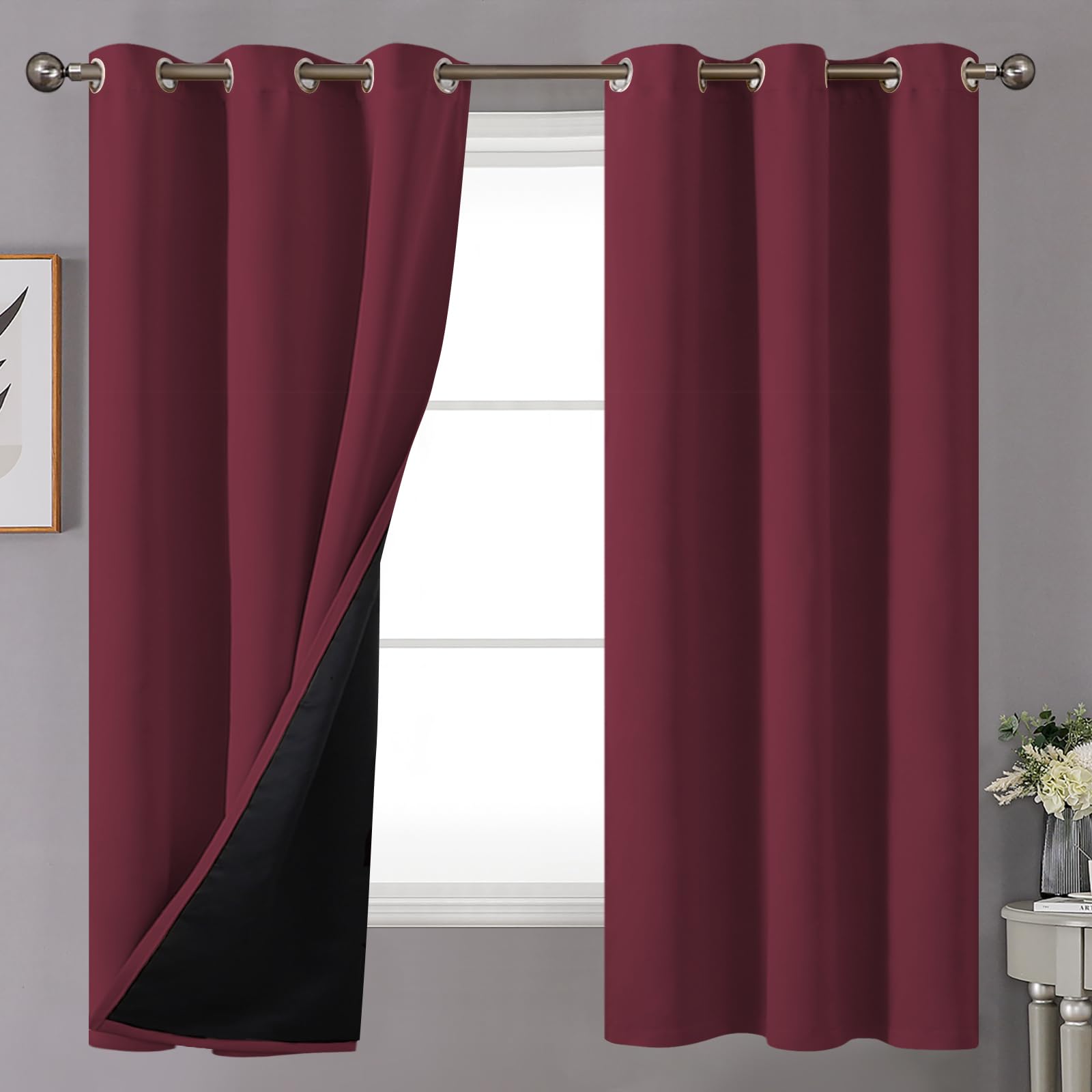 YoungsTex Burgundy 100% Blackout Curtains 63 Inches Long 2 Panels, Double Layer Full Room Darkening Winodw Drapes Thermal Insula