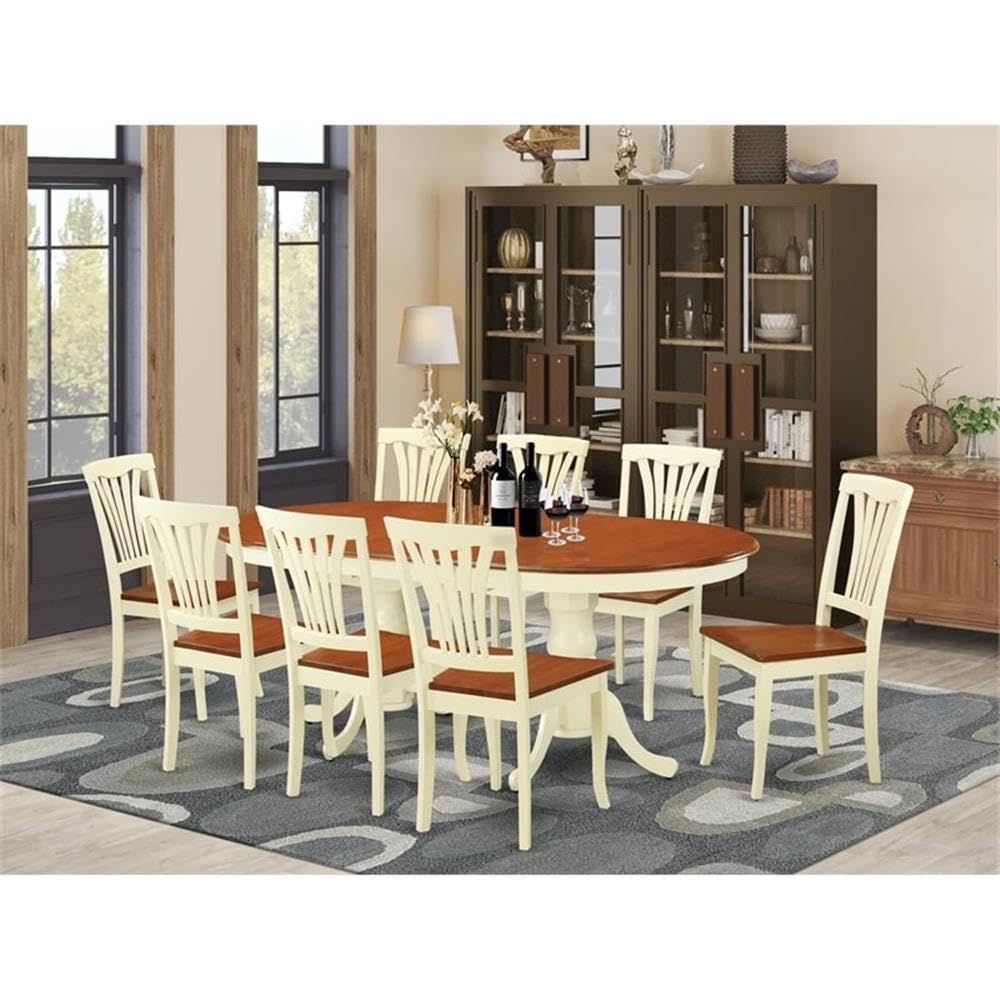 East West Furniture PLAV9-WHI-W 9 Piece Dining Set Includes an Oval Dining Room Table with Butterfly Leaf and 8 Wood Seat Chairs, 42x78 Inch, Buttermilk & Cherry