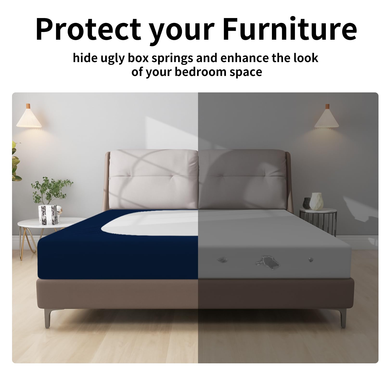 Easy-Going Box Spring Cover King/C-King Size, 4 Way Stretch Smooth And Elastic Wrap Around Band 4 Sides Bed Skirt, Navy