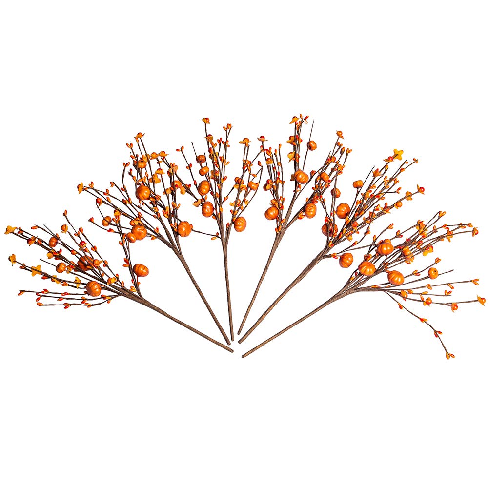 JINGHONG 6 Pack 17 Tall Fall Berry Stems - Orange Pumpkin Picks for Vases, Centerpieces, Autumn Harvest & Thanksgiving Decor