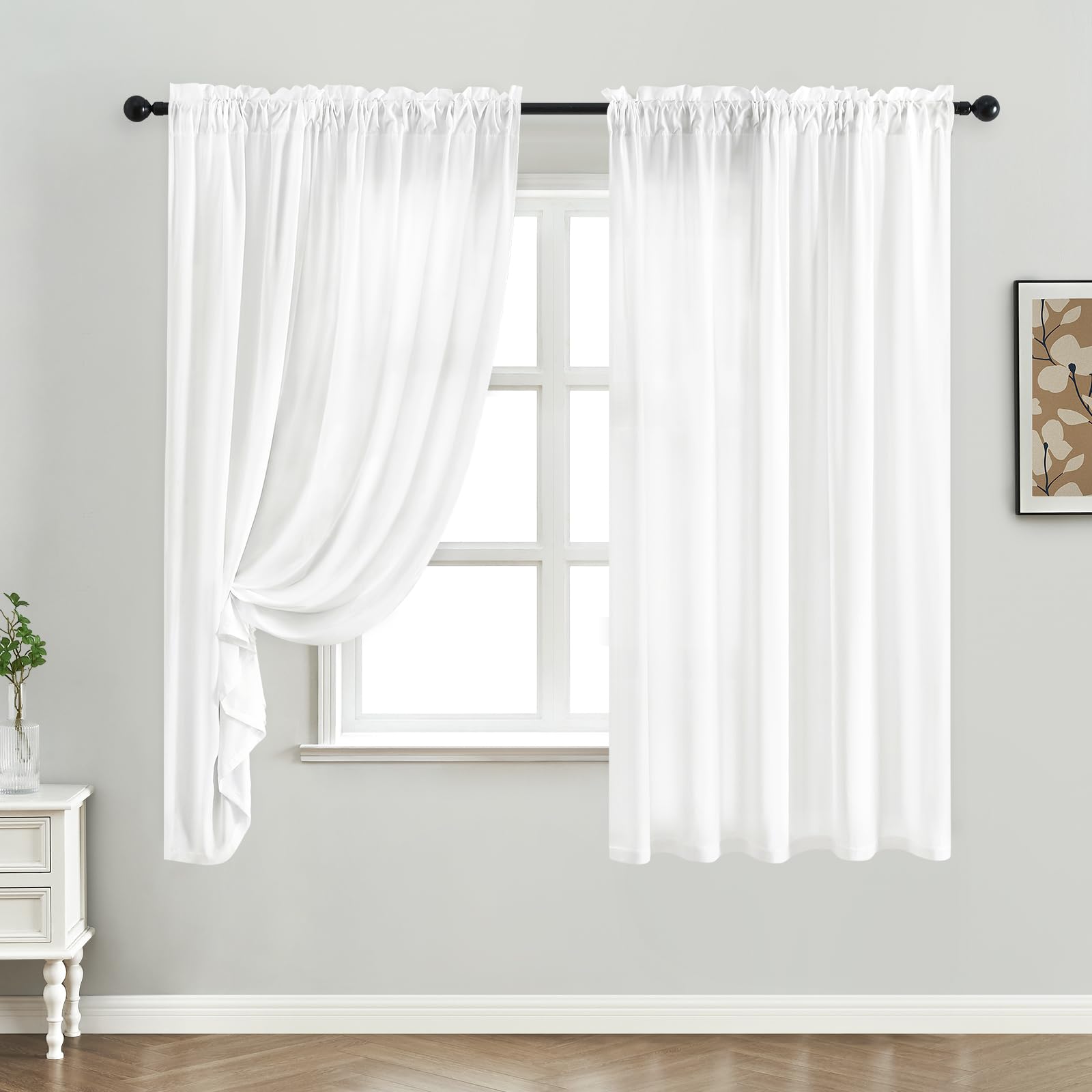 Homeideas Non-See-Through White Privacy Sheer Curtains, 52 X 63 Inches Long 2 Panels Sheer Curtains Light Filtering Window Drapes For Bedroom Living Room