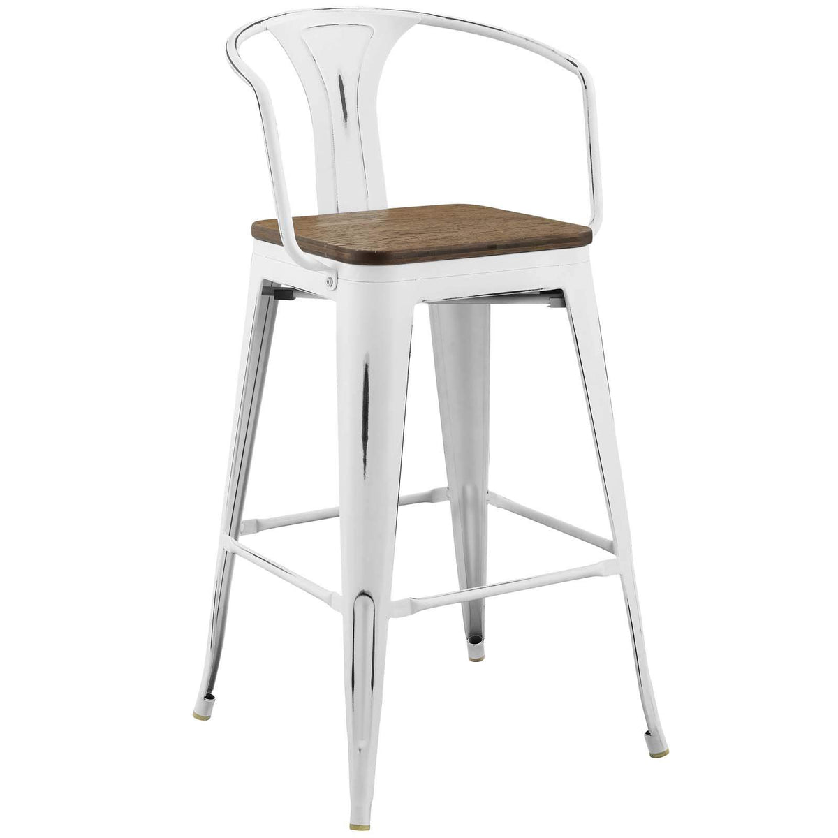 Modway Promenade Industrial Modern Steel Bistro Bar Stool with Arms and Bamboo Seat, White