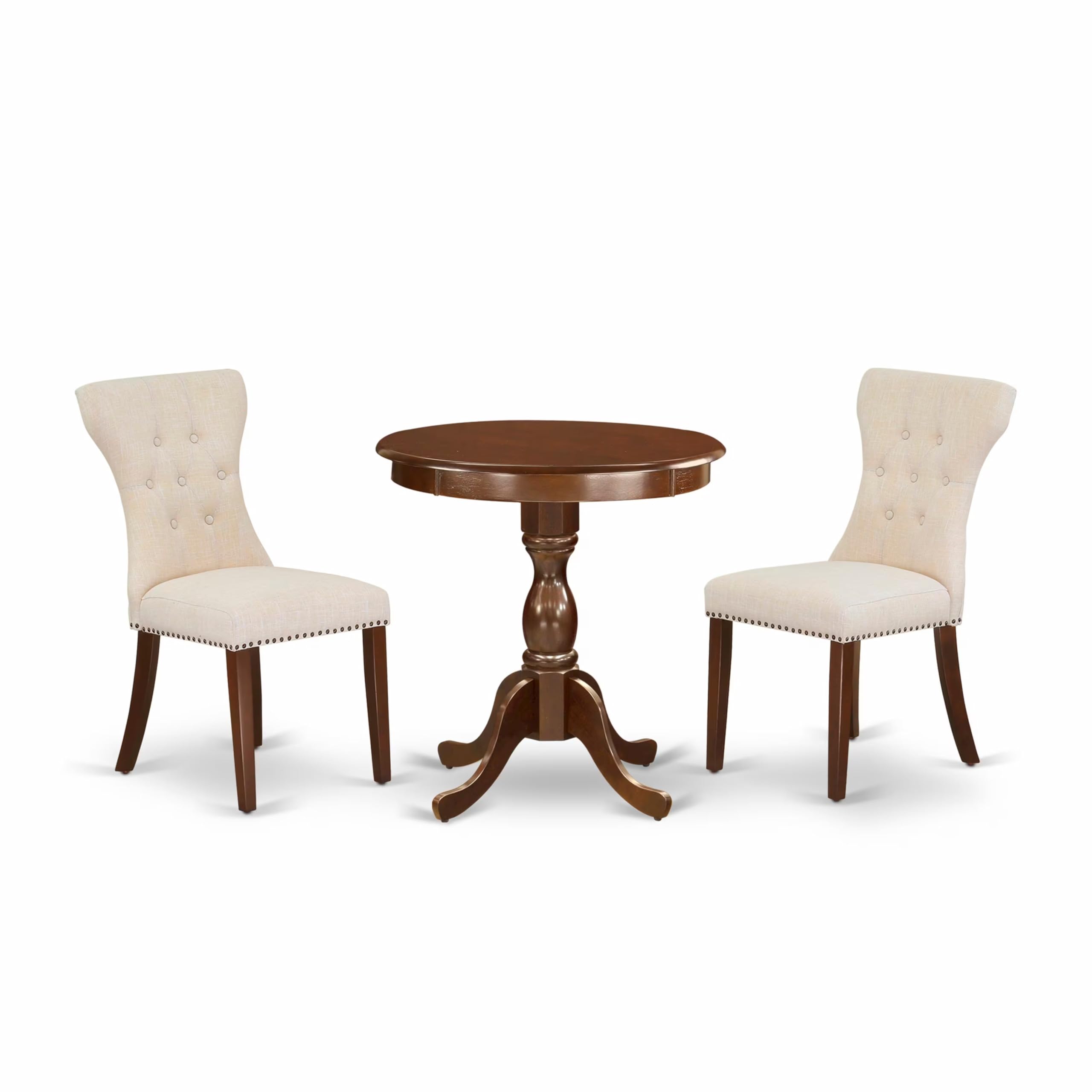 East West Furniture Esga3-Mah-32 3 Piece Dining Table Set For Small Spaces Contains A Round Wooden Table With Pedestal And 2 Light Beige Linen Fabric Parson Chairs, 30X30 Inch, Mahogany