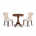 East West Furniture Esga3-Mah-32 3 Piece Dining Table Set For Small Spaces Contains A Round Wooden Table With Pedestal And 2 Light Beige Linen Fabric Parson Chairs, 30X30 Inch, Mahogany