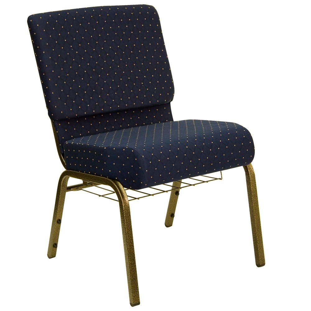 Flash Furniture HERCULES Series 21''W Church Chair in Navy Blue Dot Patterned Fabric with Book Rack - Gold Vein Frame