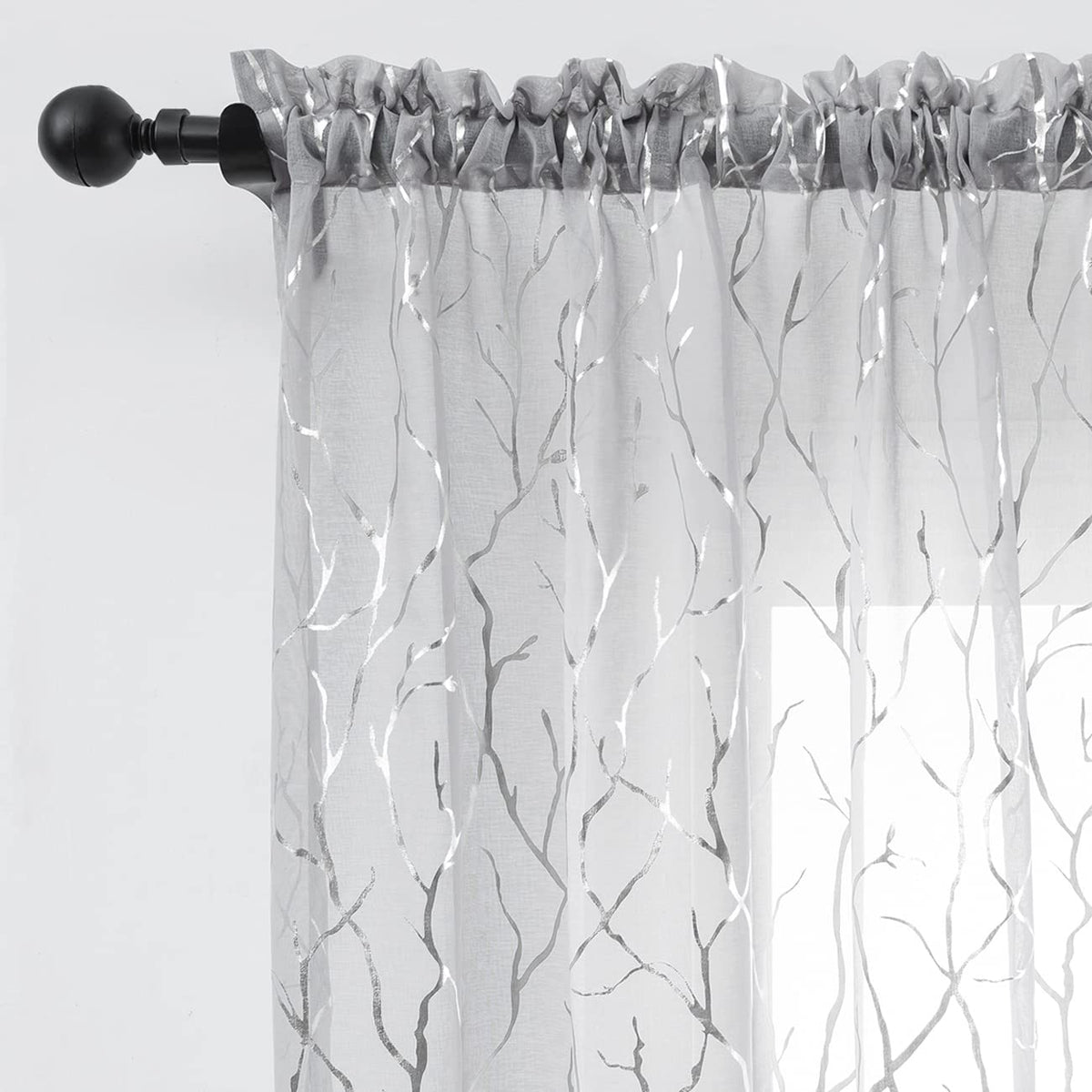 Finecity Silver Grey Sheer Curtains For Bedroom - Metallic Silver Sparkle Sheer Curtains 63 Inch Length Rod Pocket Sheer Window
