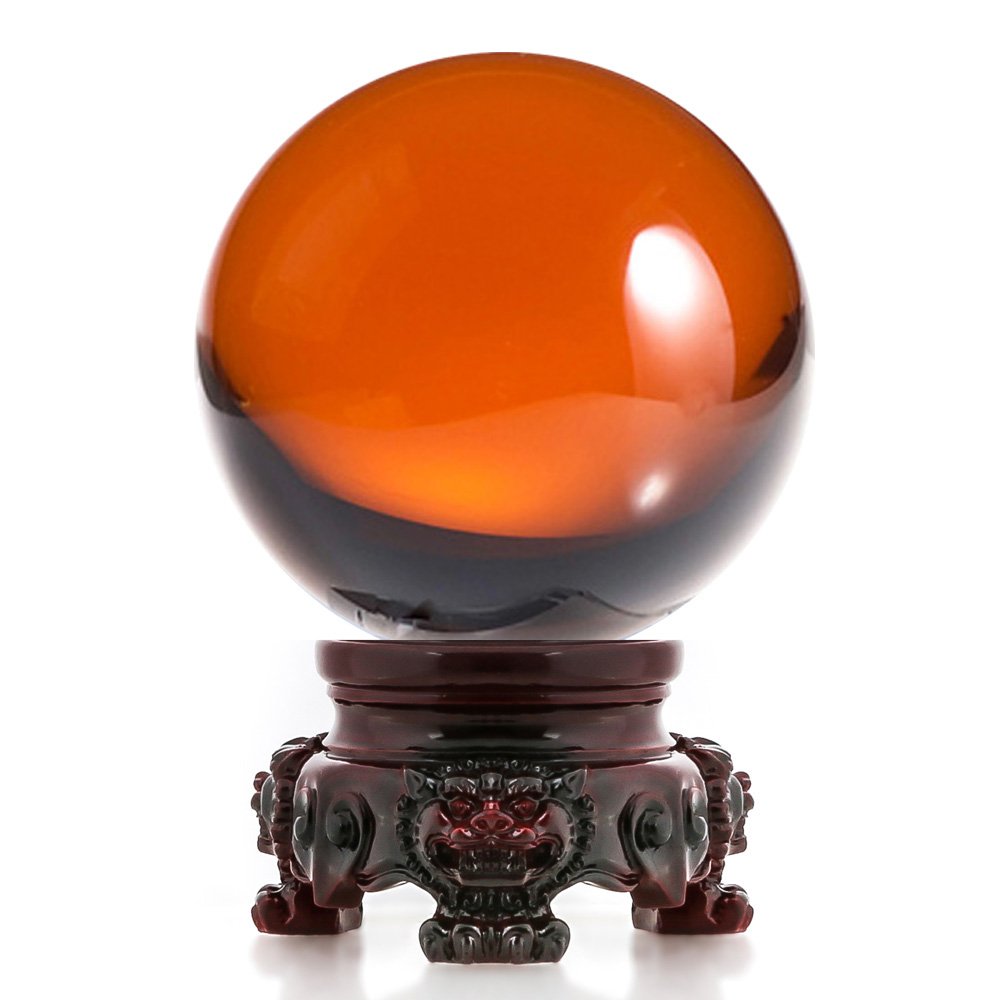 Amlong Crystal 3 inch (80mm) Amber Crystal Ball with Redwood Lion Resin Stand and Gift Box for Decorative Ball, Lensball Photogr