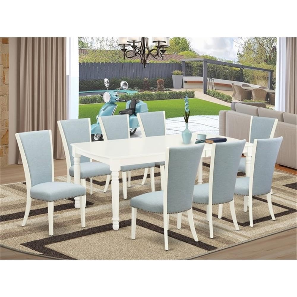 East West Furniture Dove9-Lwh-15 9 Piece Kitchen Table Set Includes A Rectangle Dining Table With Butterfly Leaf And 8 Baby Blue Linen Fabric Parson Dining Chairs, 42X78 Inch, Linen White