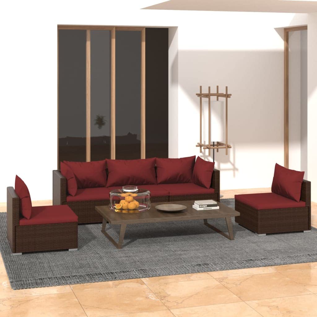 vidaXL 5 Piece Patio Lounge Set with Poly Rattan Material – Modular and Versatile Outdoor Furniture – Comfortable Cushions Included – Powder Coated Steel Frame