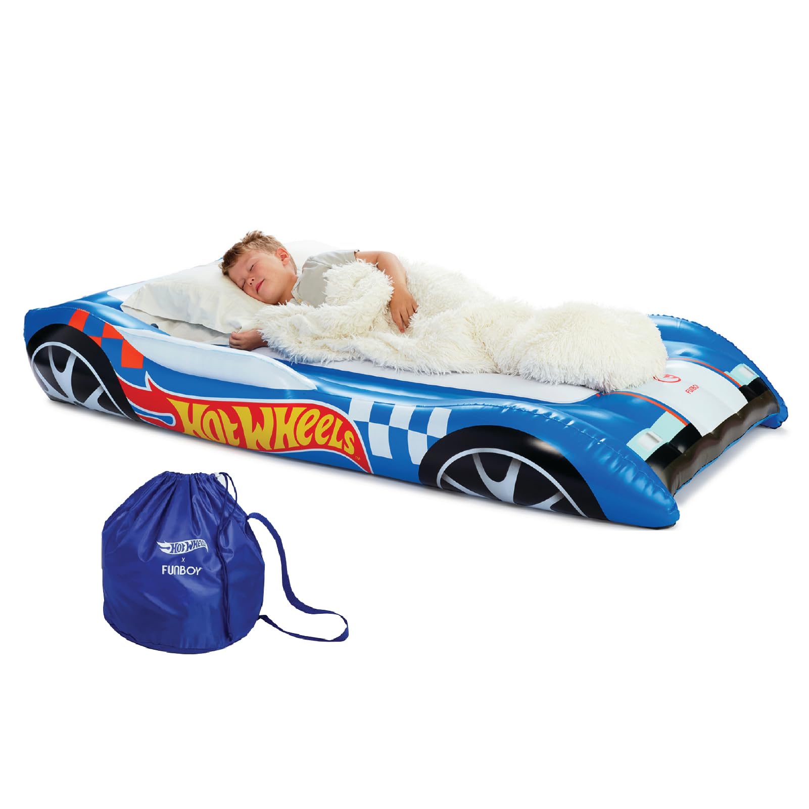 Hot Wheels & FUNBOY Kids Sleepover Bed & Air Mattress. Perfect for Sleepovers. Includes Carrying Storage Bag, Twin