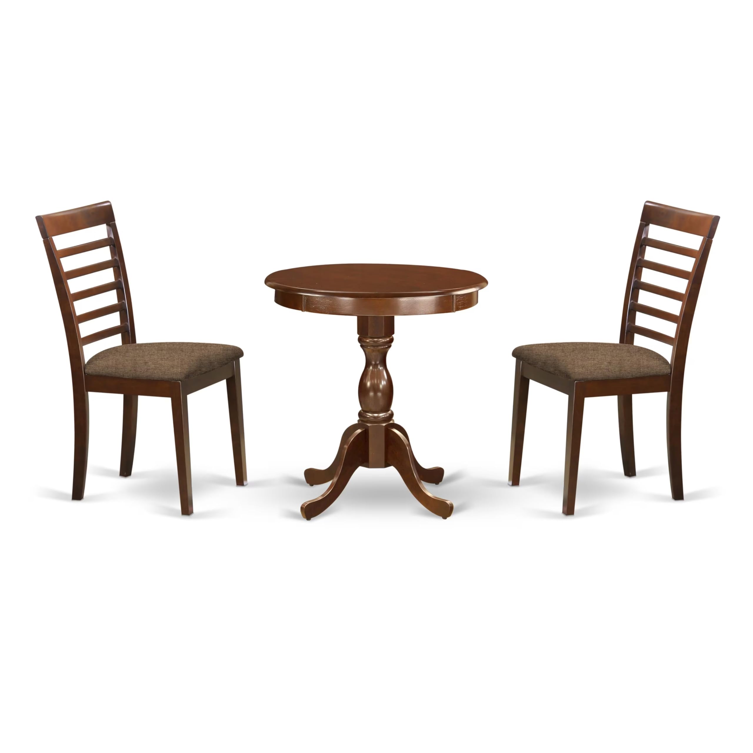 East West Furniture Esml3-Mah-C 3 Piece Kitchen Table & Chairs Set Contains A Round Dining Table With Pedestal And 2 Linen Fabric Dining Room Chairs, 30X30 Inch, Mahogany