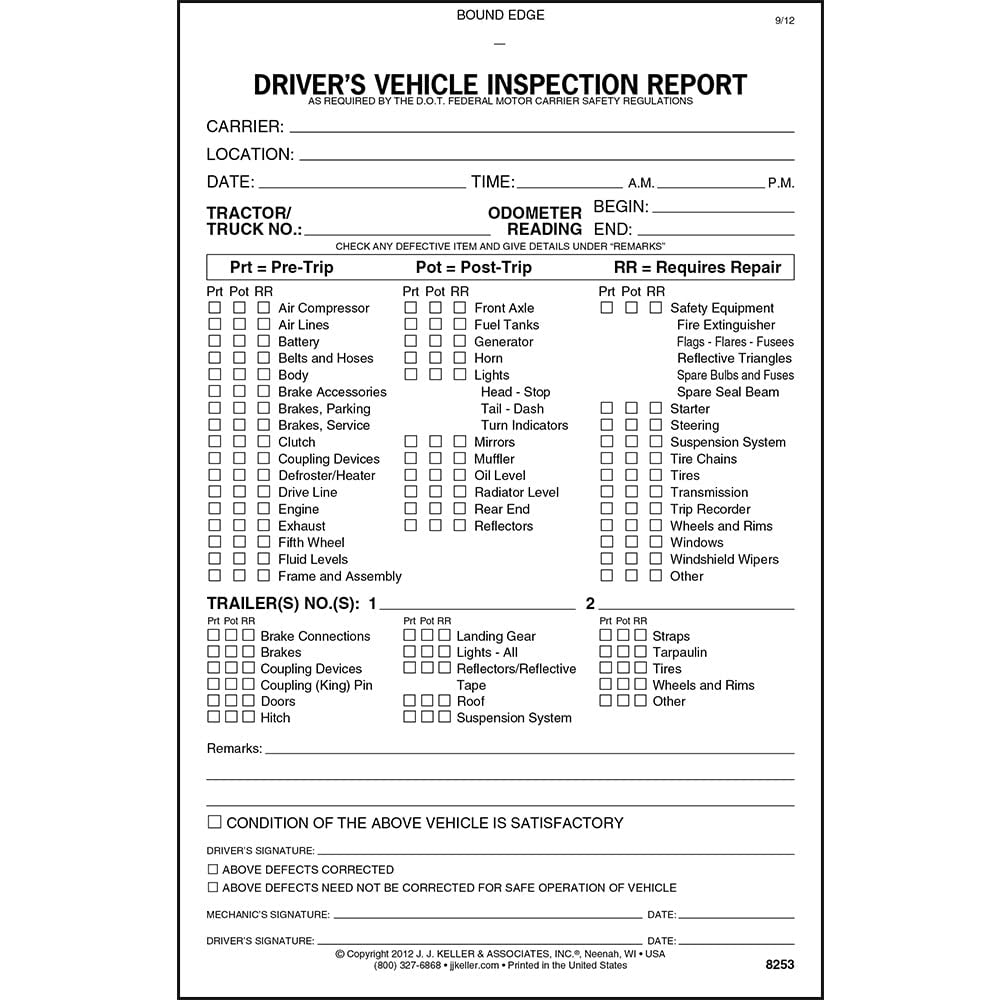 Detailed Driver'S Vehicle Inspection Report (Pre- & Post-Trip) 5-Pk. - Book Format, 2-Ply Carbonless, 5.5' X 8.5', 31 Sets Of