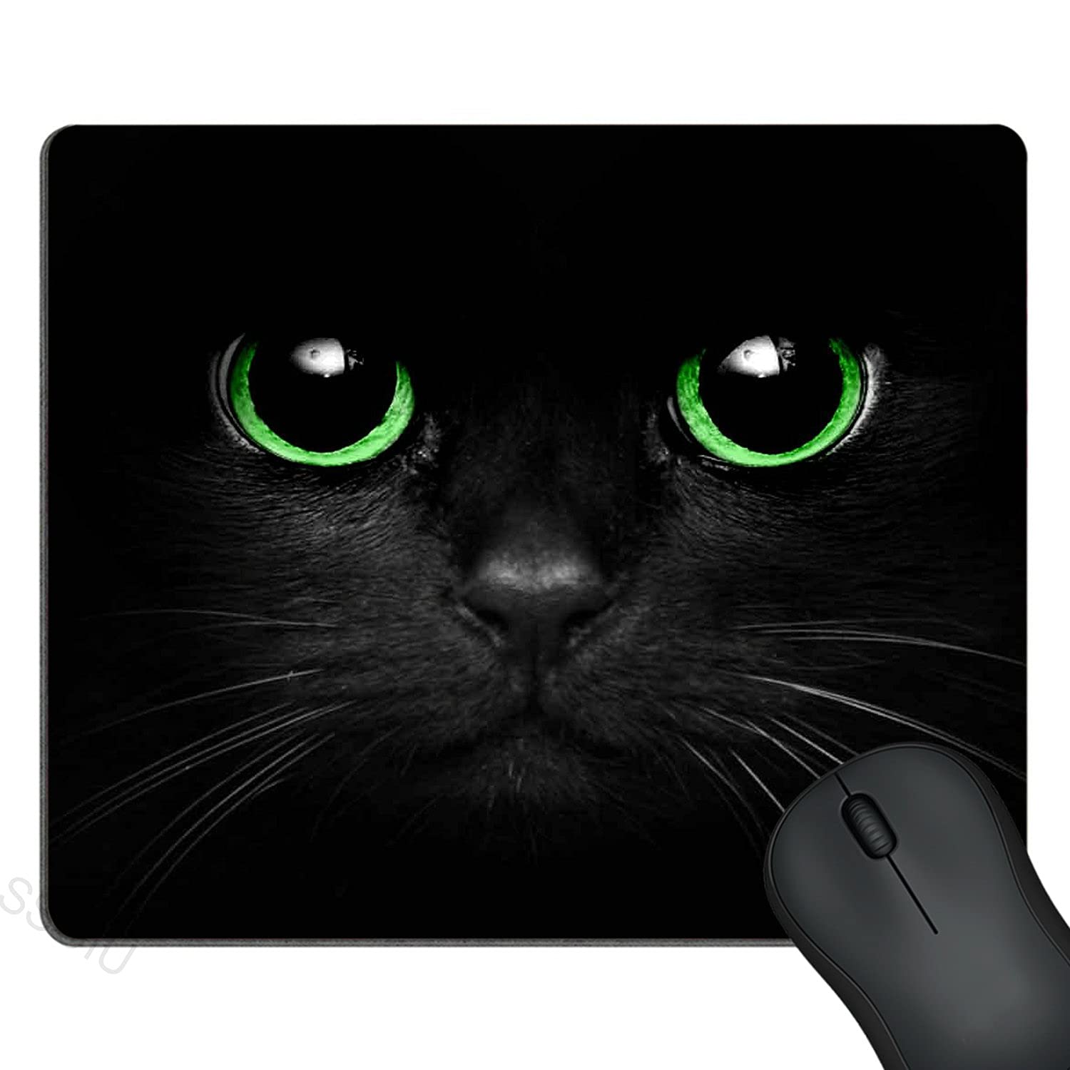 Ssoiu Black Cat Mouse Pad, Green Eyes Cat Black Background Design Mousepad Non Slip Rubber Gaming Mouse Pad Rectangle Mouse Pads