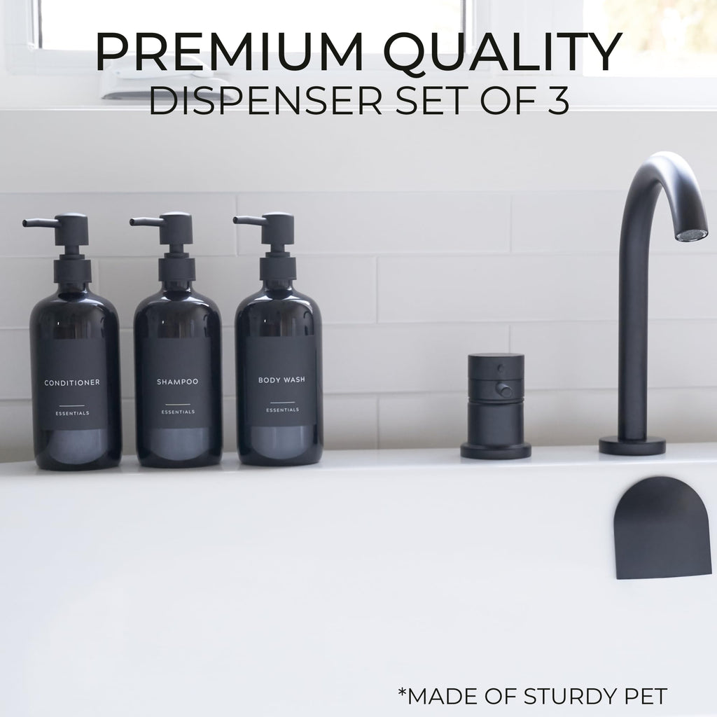 Stylish Shampoo And Conditioner Dispenser Set Of 3 - Modern 21Oz Shower Soap Bottles With Pump And Labels - Easy To Refill Body