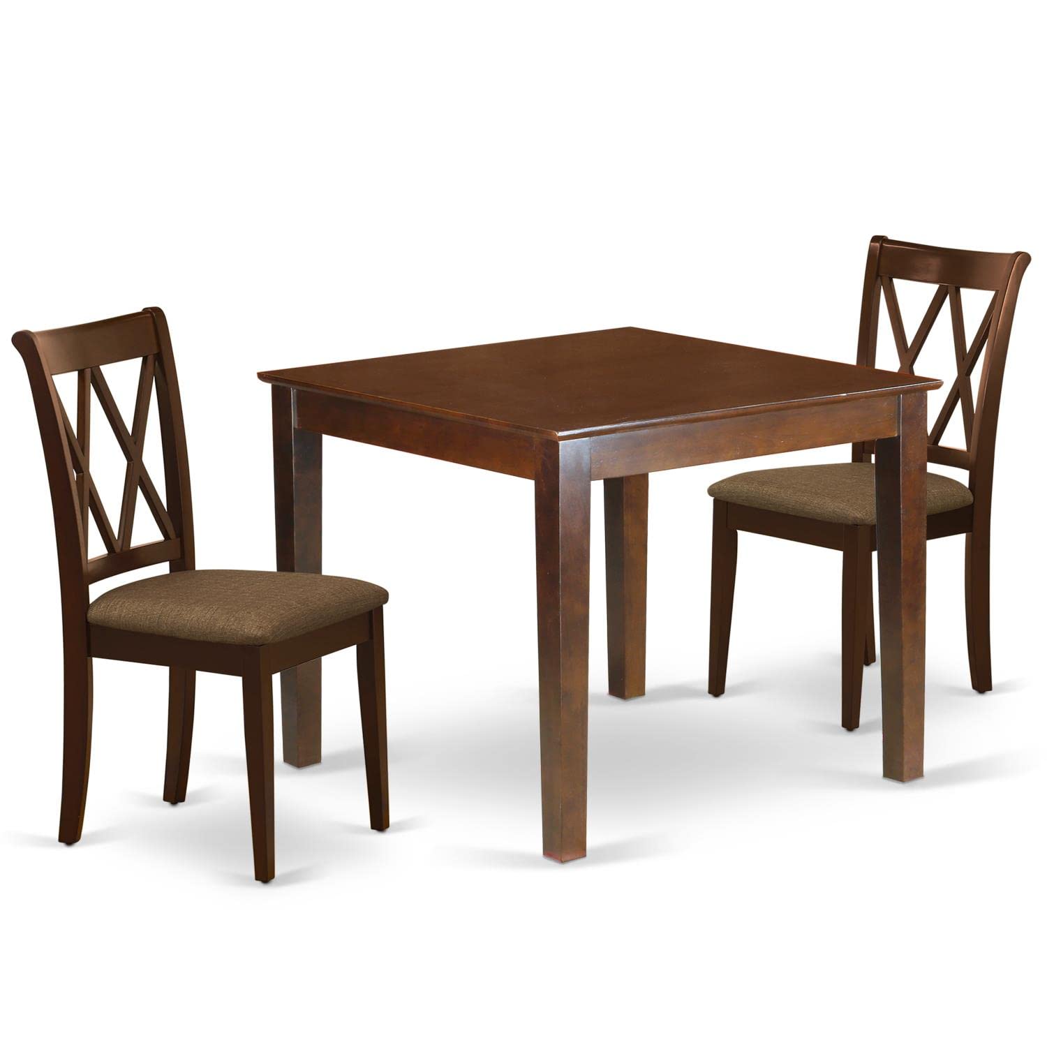 East West Furniture Oxcl3-Mah-C 3 Piece Kitchen Table & Chairs Set Contains A Square Dining Room Table And 2 Linen Fabric Upholstered Dining Chairs, 36X36 Inch, Mahogany