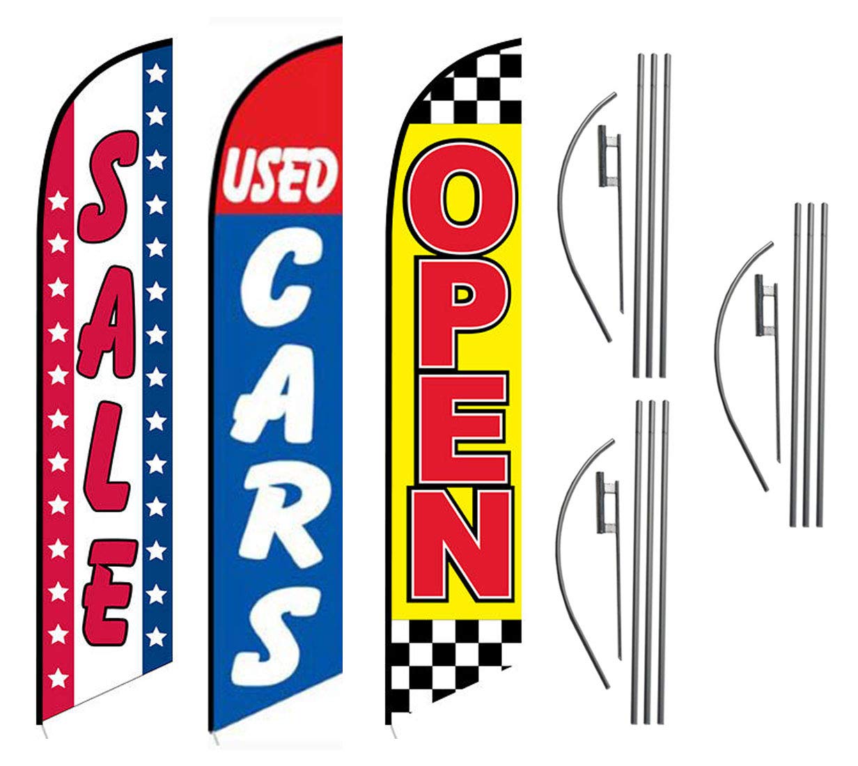 Sale Used Cars Open Checkered Advertising Feather Flag Kits Package, Includes 3 Banner Flags, 3 Flag Poles, And 3 Ground Stakes