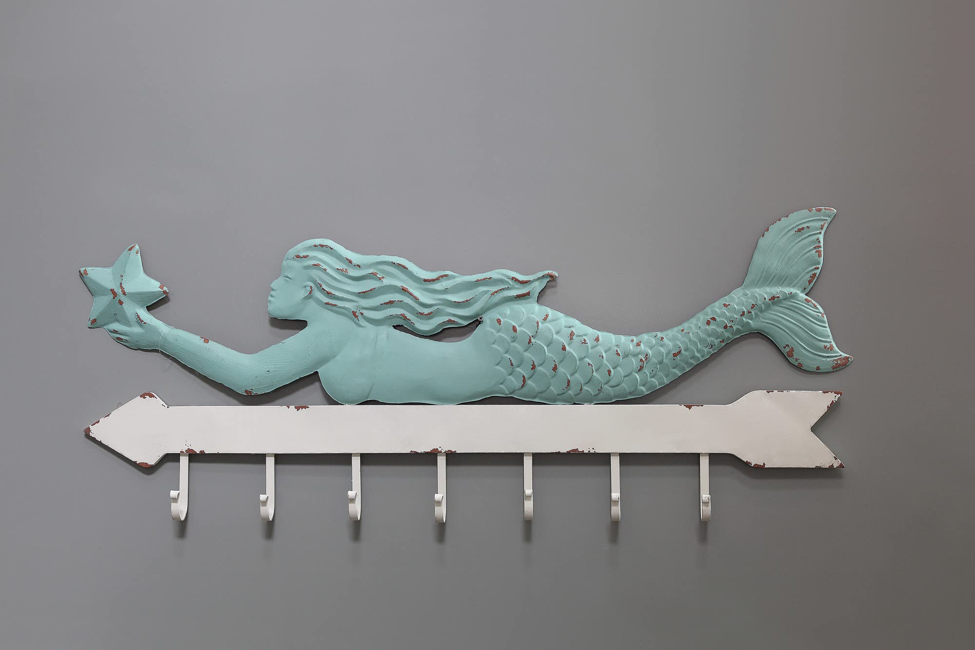 Creative Co-Op Mermaid Wall Décor with 7 Hooks, 16 Inch Long, Aqua & White, Model DA3625