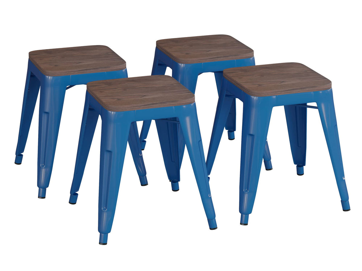 Flash Furniture Metal Dining Table Height Stool with Wooden Seat Set of 4 - Backless Royal Blue Kai Commercial Grade Stool - Kai 18&quot; Stackable Dining Chairs