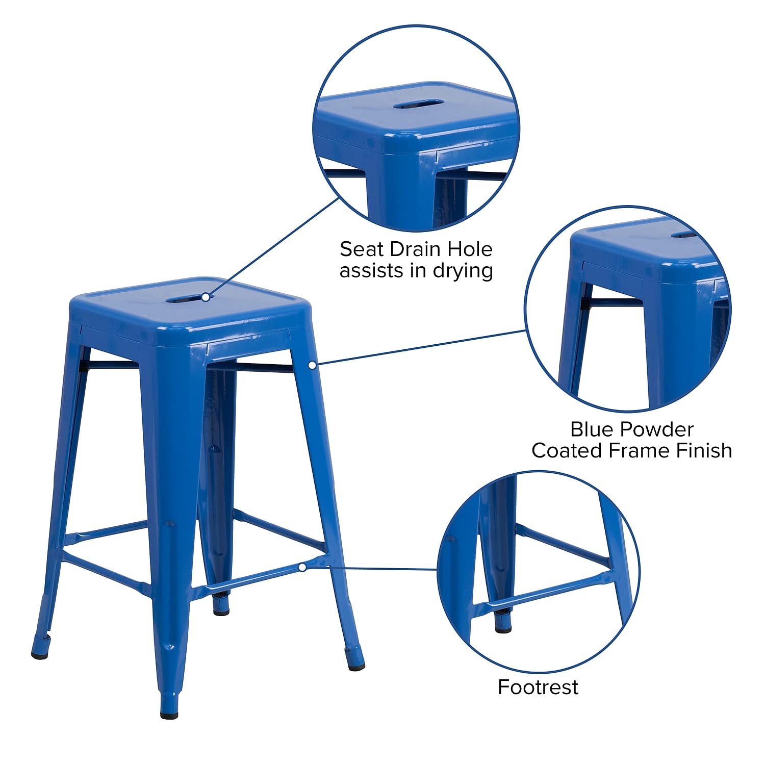 Flash Furniture Kai Commercial Grade 24' High Backless Blue Metal Indoor-Outdoor Counter Height Stool With Square Seat