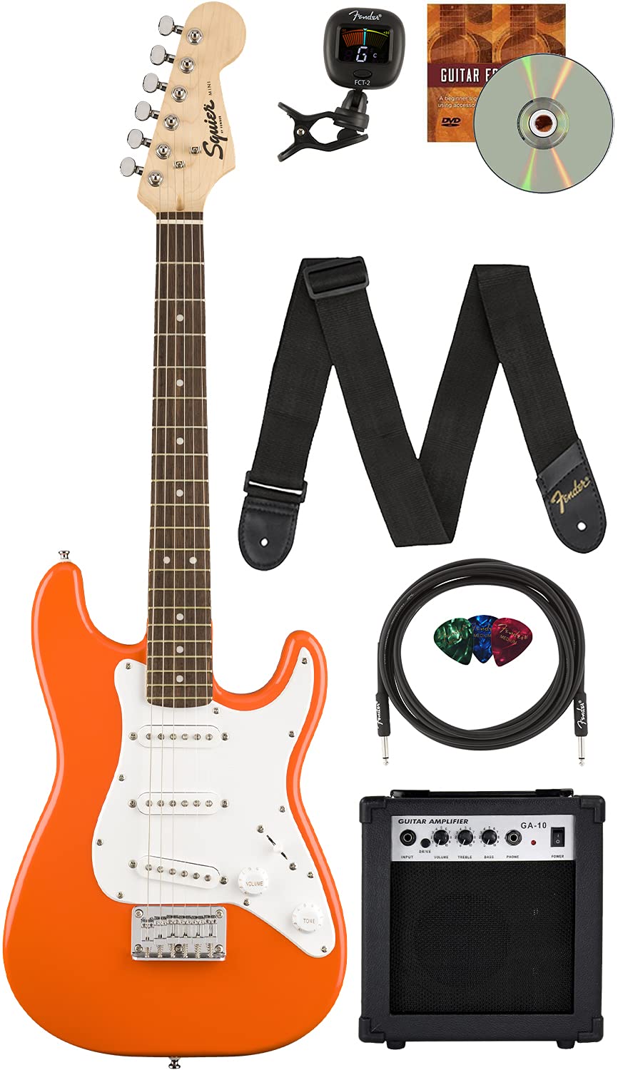 Fender Squier 34 Size Kids Mini Strat Electric Guitar Learn-To-Play Bundle W Amp, Cable, Tuner, Strap, Picks, Fender Play Online