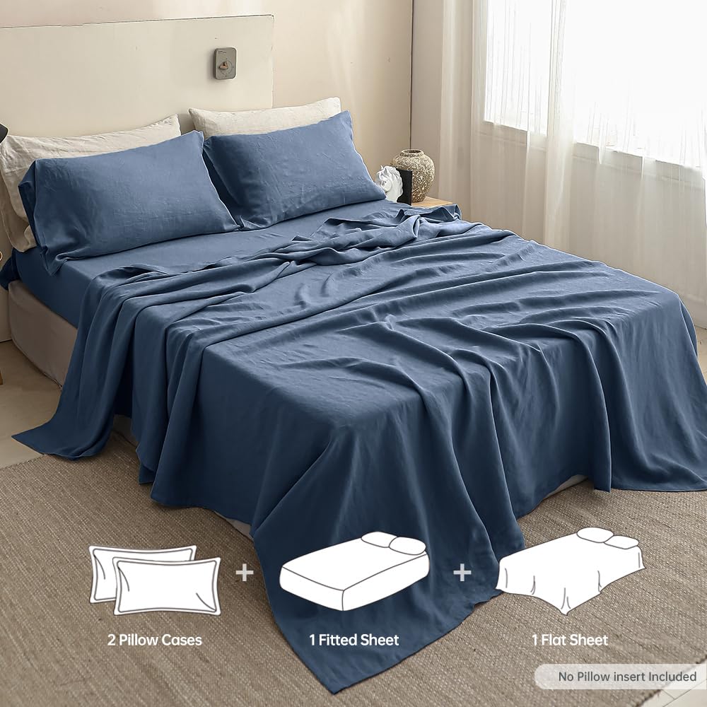 Simple&Opulence 100% Linen Sheet Set Solid Color-4 Pcs Washed French Linen Bed Sheets(1 Flat Sheet,1 Fitted Sheet,2 Pillowcases)
