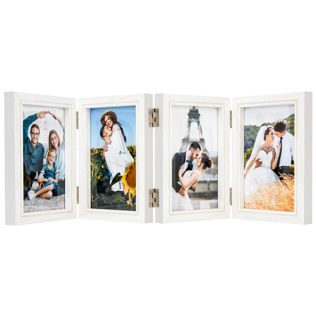 4x6 Four Picture Frame 4 Hinged Photo Frame with 4 Openings, Natural Wood Foldable Photo Frame with High Definition Acrylic for 