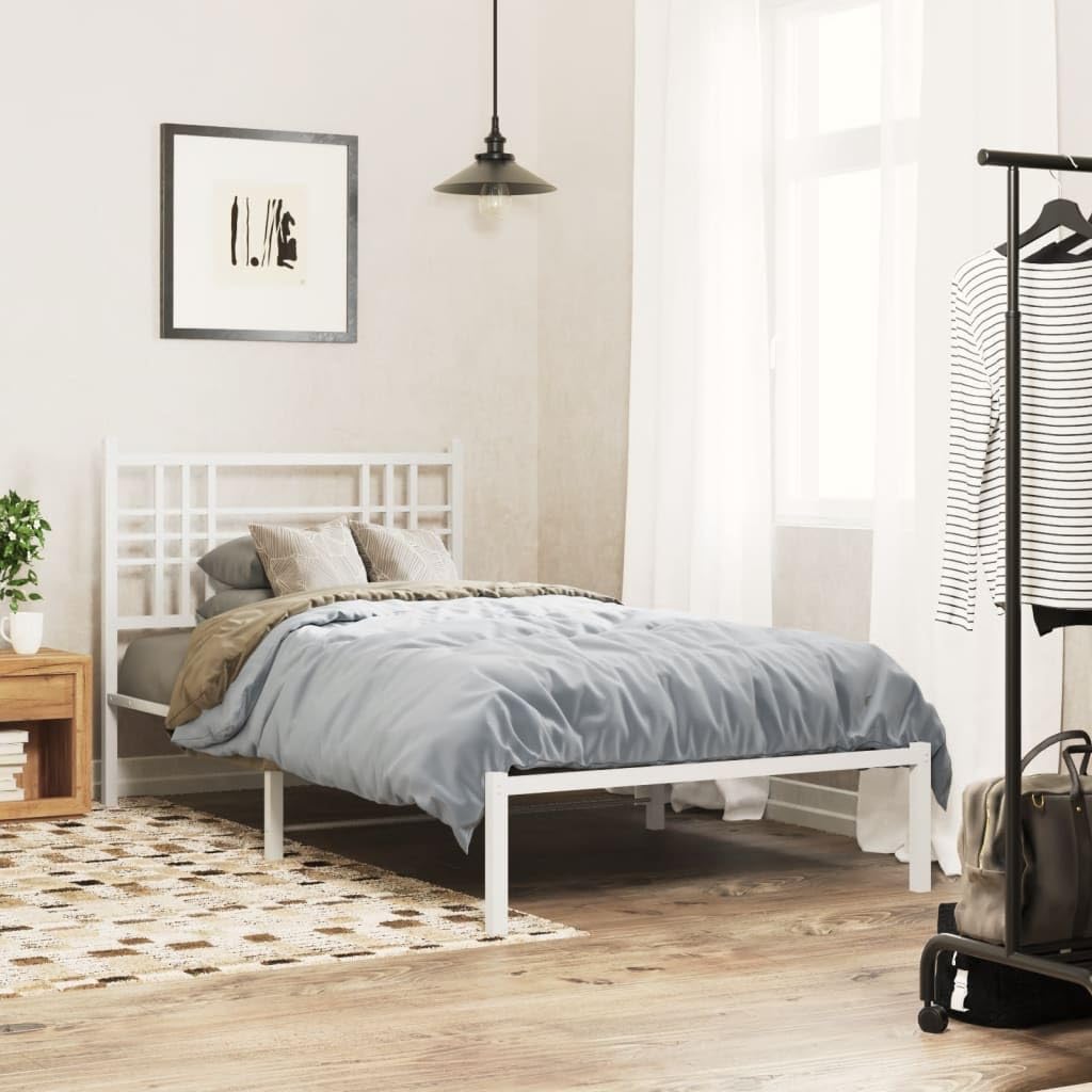 vidaXL White Metal Bed Frame-Single Size with Headboard-Modern Steel Construction-Powder-Coated-81.5&quot; x41.3 x35.4