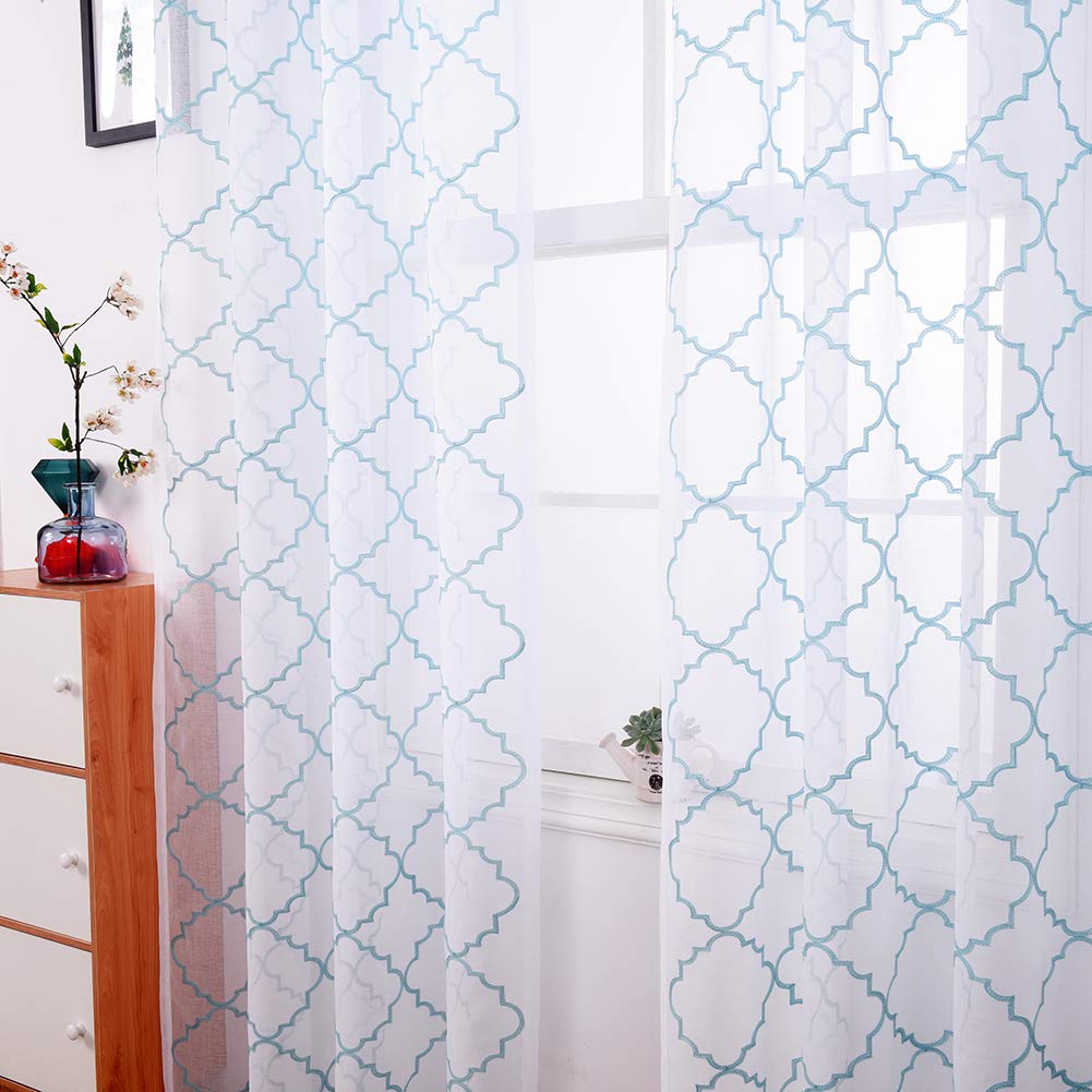 Blue Sheer Curtains 84 Inches Long, Moroccan Embroidered Rod Pocket Sheer Drapes For Living Room, Bedroom, 2 Panels, 52'X 84',