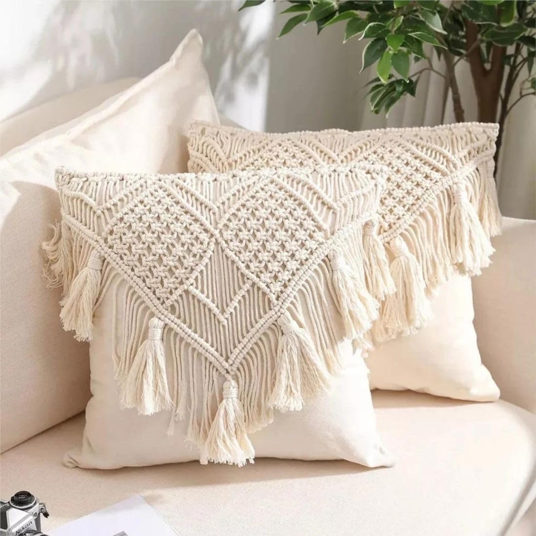 Tms Handmade (Tms01) Cotton Macrame Cushion Pillow Cover Boho Home Decor Abstract Pattern 16 X 16 Inch In Off White Color  2 P