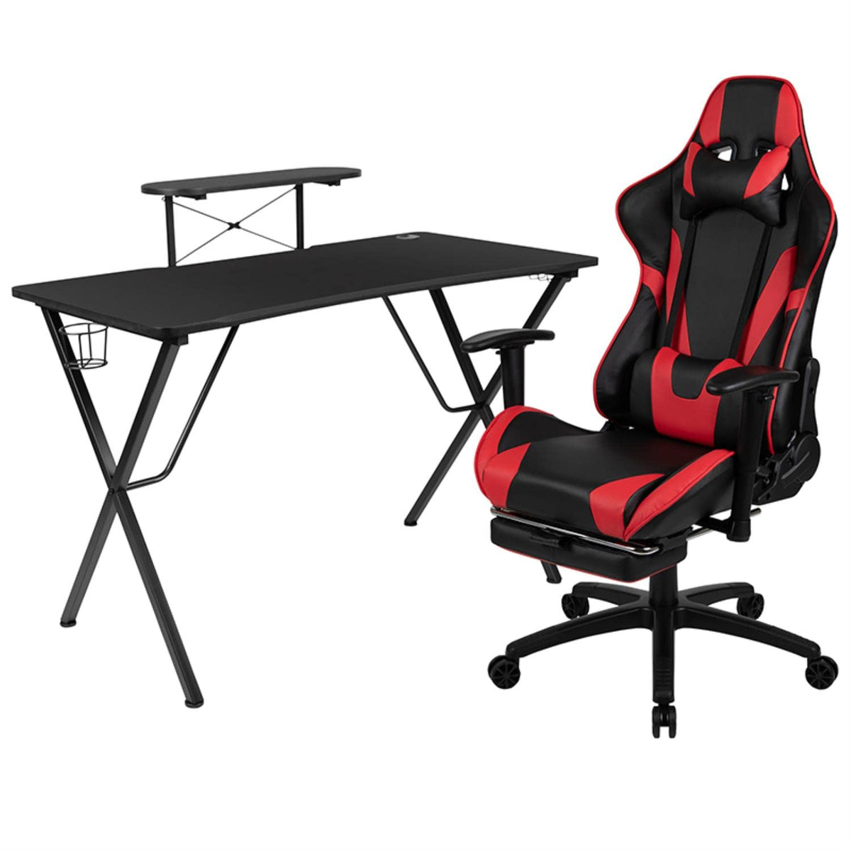 Flash Furniture Black Gaming Desk And Red/Black Footrest Reclining Gaming Chair Set With Cup Holder, Headphone Hook, & Monitor/Smartphone Stand