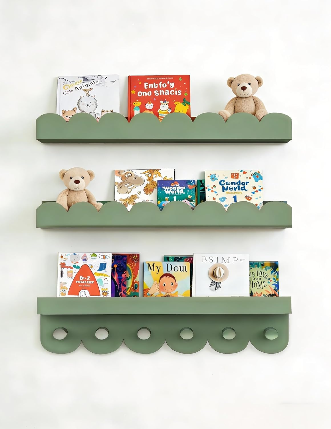 icnjdMopclean Nursery Book Shelves with Hooks, Scalloped Shelves for Bedroom Set of 3, Kids Bookshelf for Wall, 16Inches, Sage