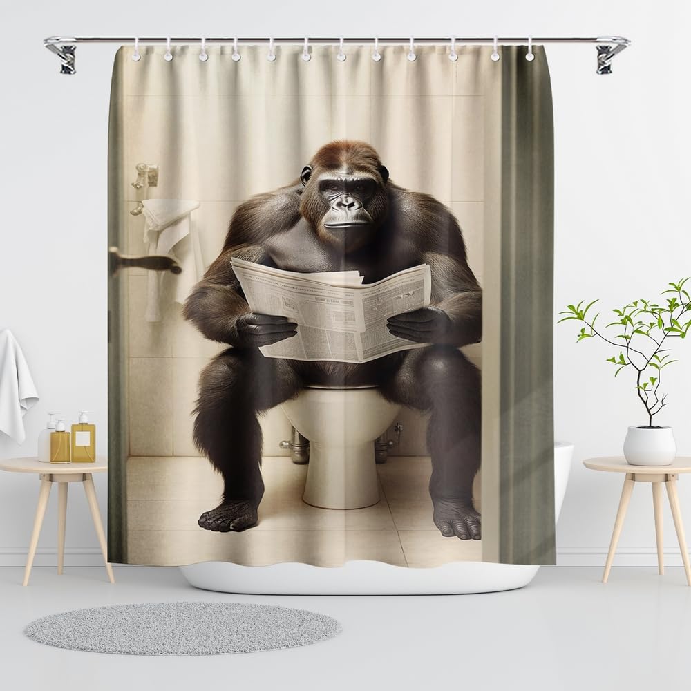Gubiyu Gorilla Sitting On The Toilet Reading A Newspaper Shower Curtains, Funny Bathroom Accessory, Quirky Animal Shower Curtain