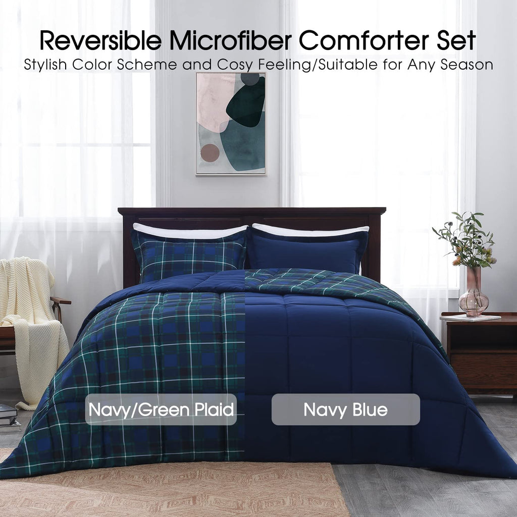 Basic Beyond Queen Comforter Set - Navy/Green Buffalo Plaid, Down Alternative Microfiber, 88"x92", Includes 2 Pillow Shams