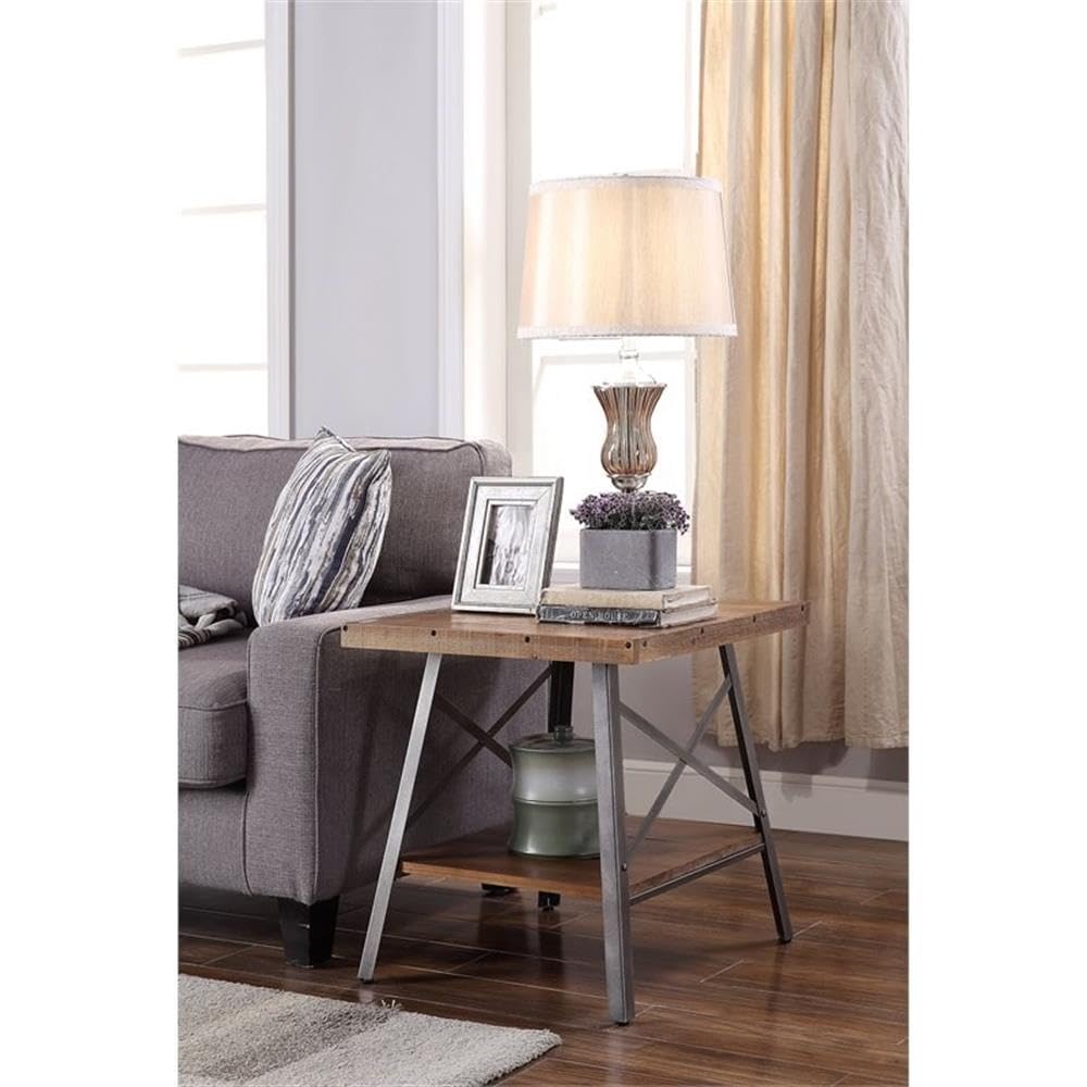 Acme Ikram 2 Pieces Wooden End Table with Shelf in Weathered Oak and Sandy Black
