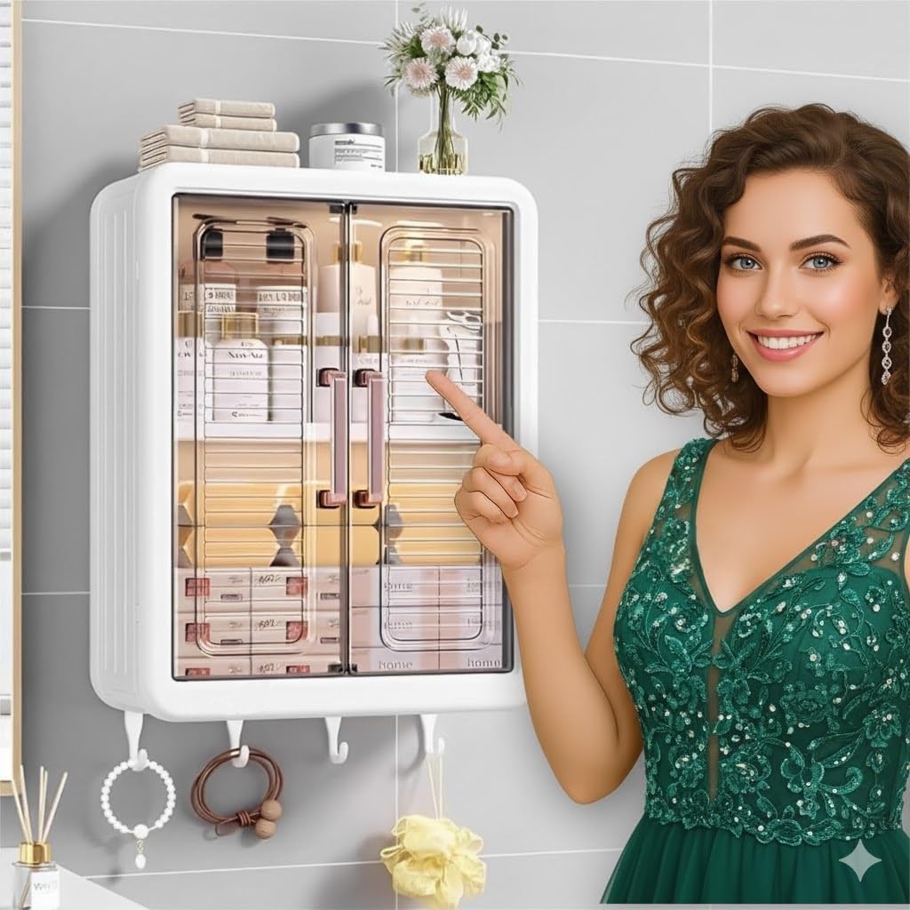 Wall Mounted Bathroom Cabinet Organiser With Doors, Hooks & Shelves