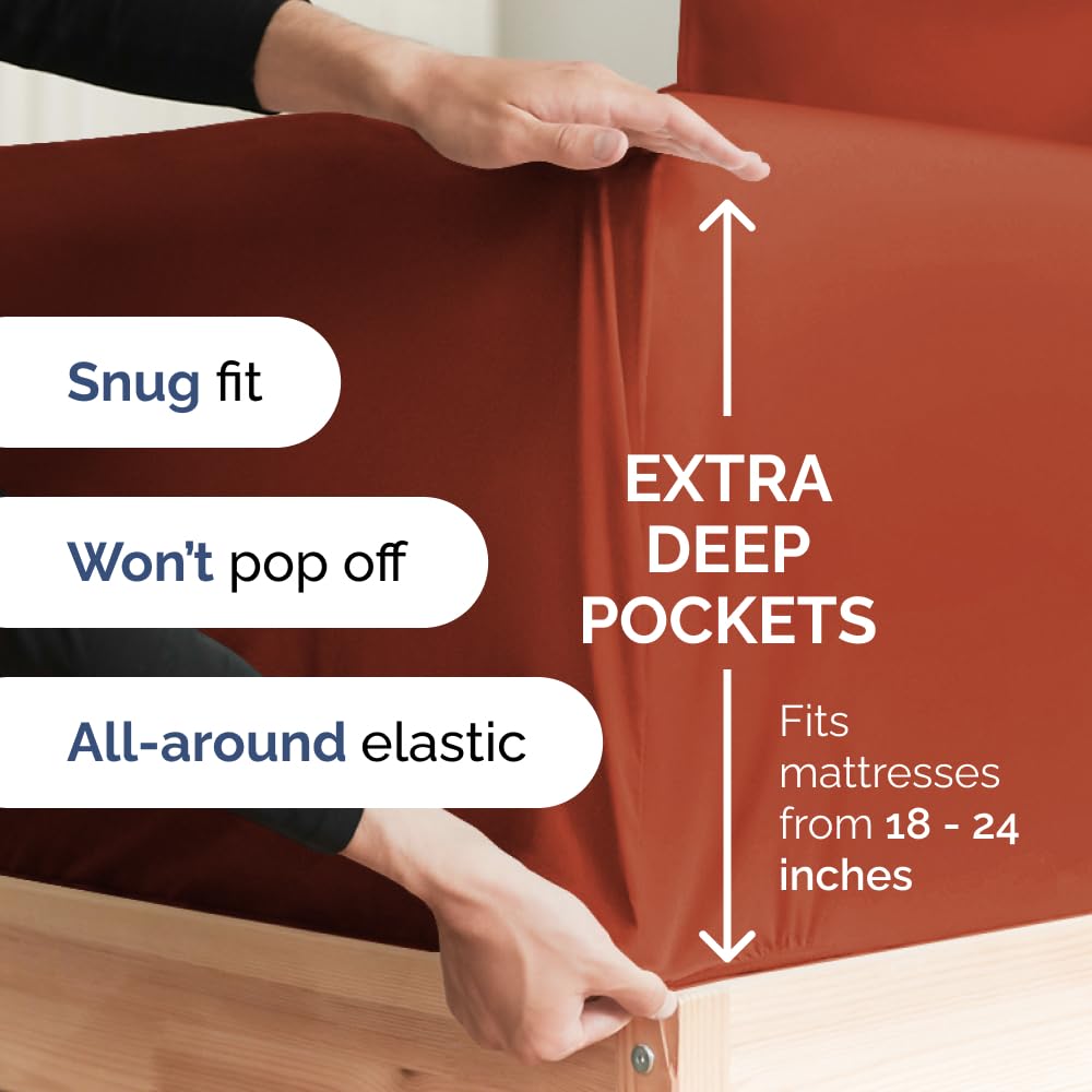 Extra Deep Pocket Cal King Sheets - 4 Piece Breathable & Cooling Bed Sheets - Hotel Luxury Sheet Set - Soft, Wrinkle Free & Comfy - Easily Fits Extra Deep Mattresses - Deep Pocket Terracotta Sheets