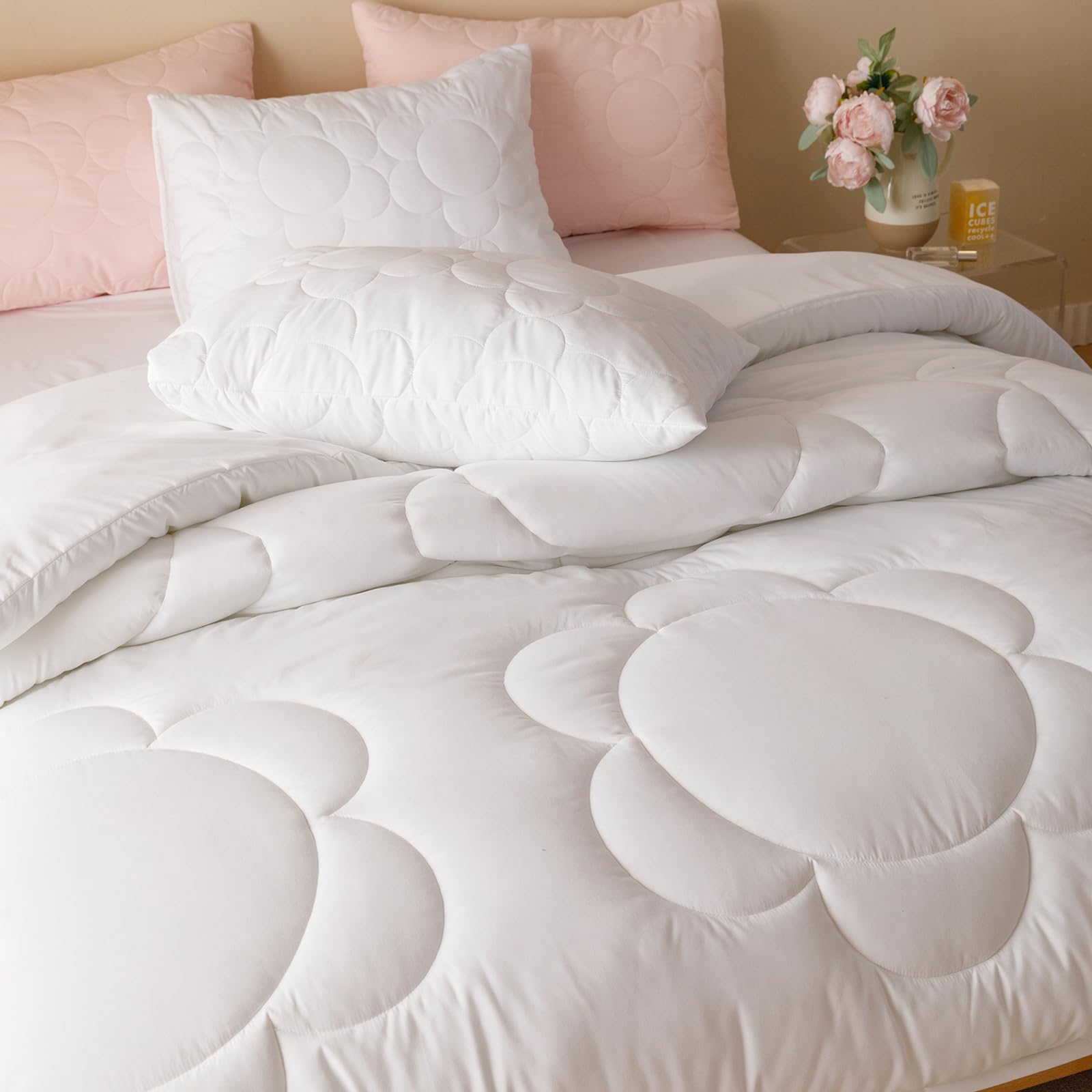 Clothknow White Twin Comforter Set 3Pcs Daisy Puff Bedding Comforter Sets Floral Boho Comforter White Comforter Twin Soft White Comforter Sets Twin