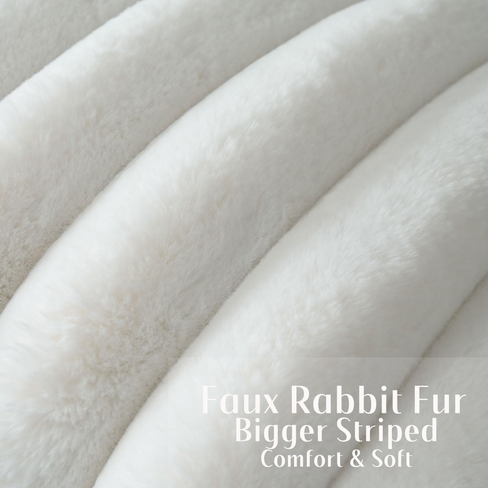 Futei Cream White Decorative Throw Pillow Covers 24X24 Inch Set Of 2, Square Soft Faux Rabbit Fur Big Striped Pillow Sham,Home D