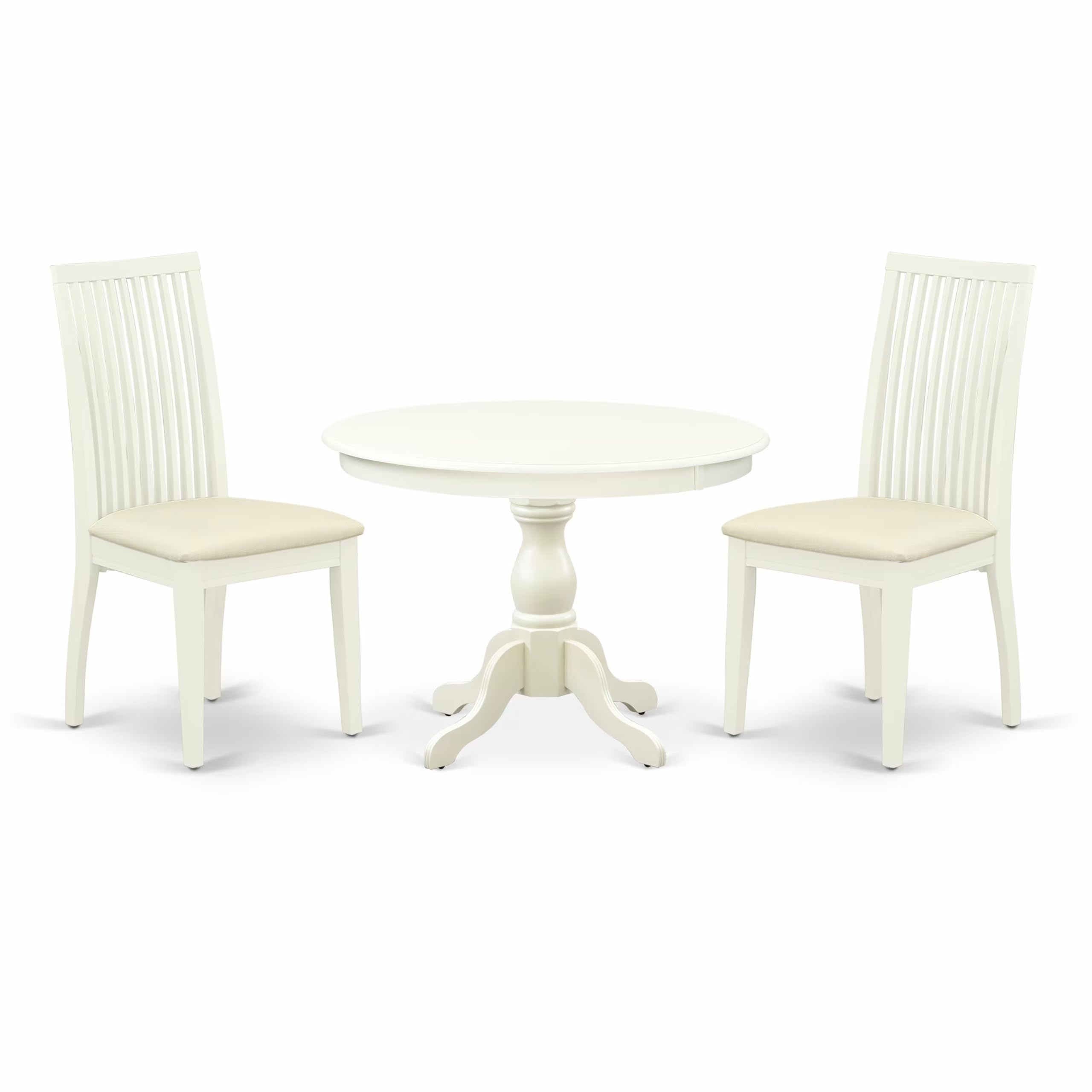 East West Furniture HBIP3-LWH-C 3 Piece Dinette Set for Small Spaces Contains a Round Dining Table with Pedestal and 2 Linen Fabric Upholstered Dining Chairs, 42x42 Inch, Linen White