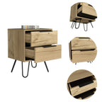 Nightstand 22&Quot; H, 4 Hairpin Legs, 2 Drawers, Light Oak